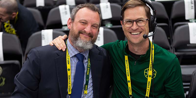 Willamette webcast announcer Jef Lucero, left, with Pat Walker of 3 Point Productions, right