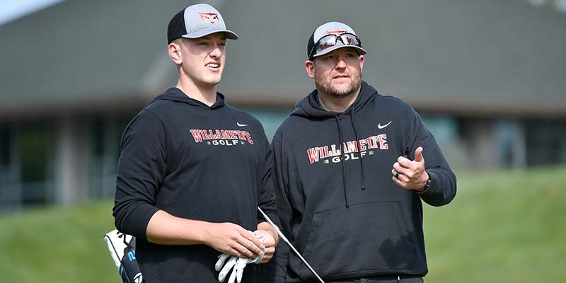 Alex Weirth, left, with Willamette University Head Men's Golf Coach Patrick Daugherty, right